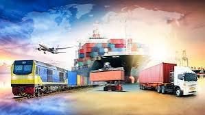 Collage of transportation modes: train, cargo ship, airplane, and truck representing global logistics.